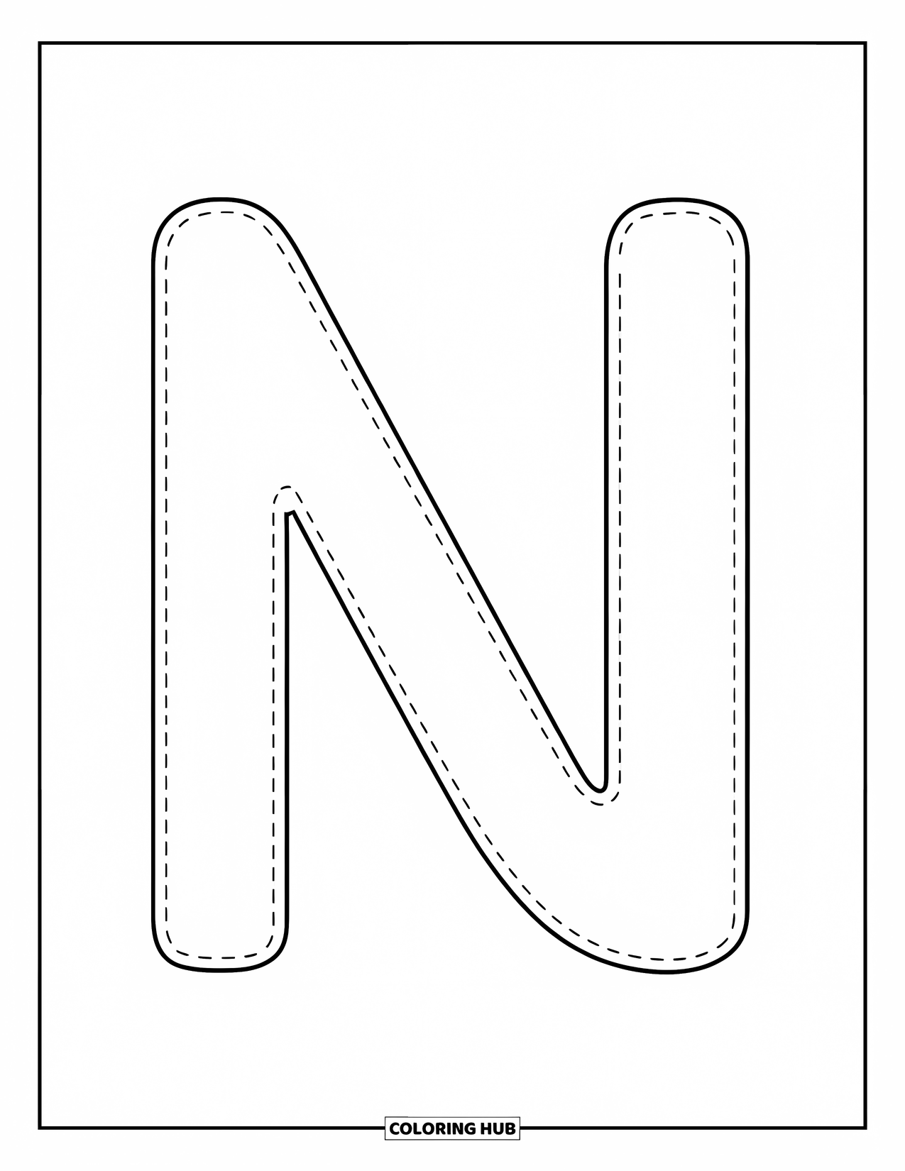 Letter N Coloring Page for Kids: Dotted lines form N and n, great for early writing practice