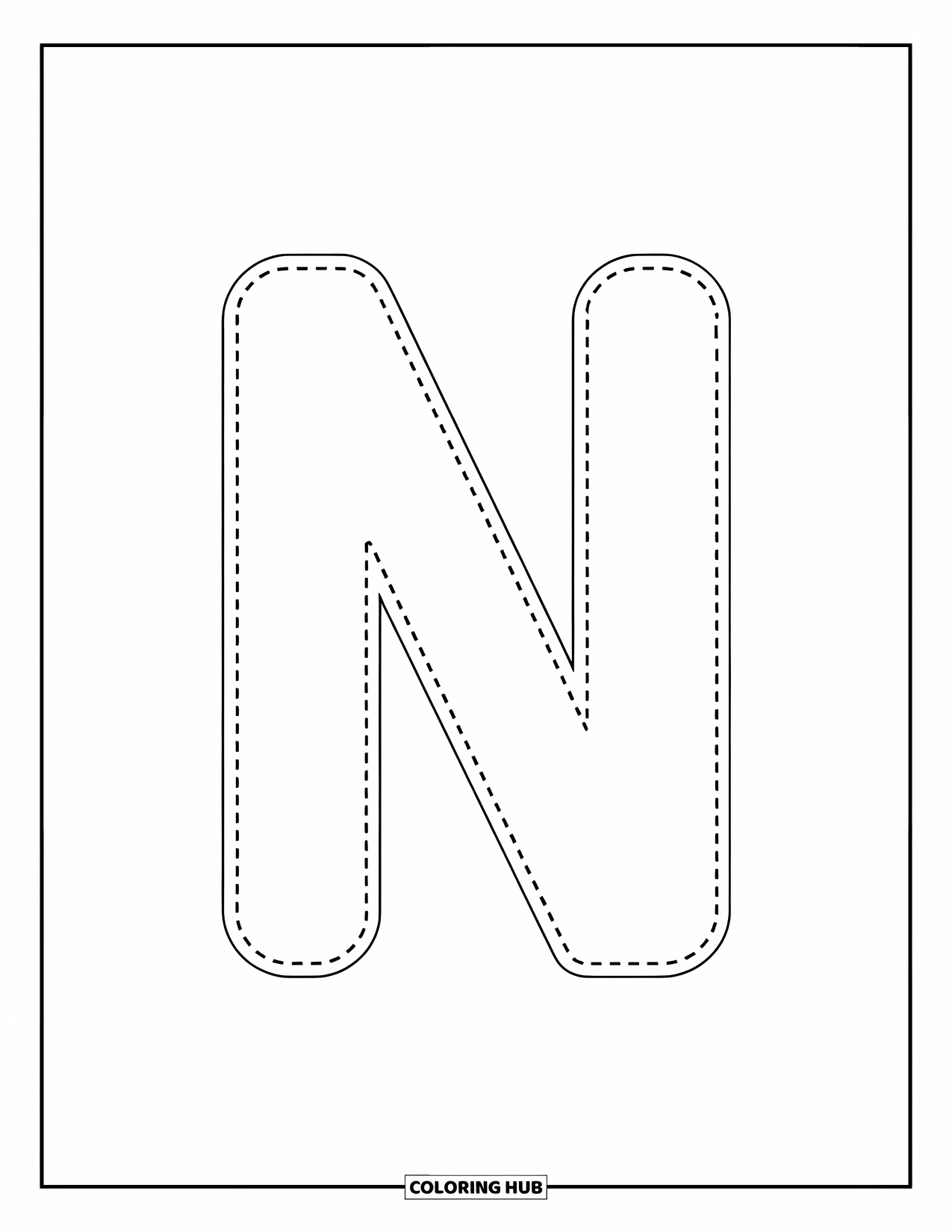 Letter N Coloring Page for Kids: Dotted lines shape a small n for preschool tracing fun