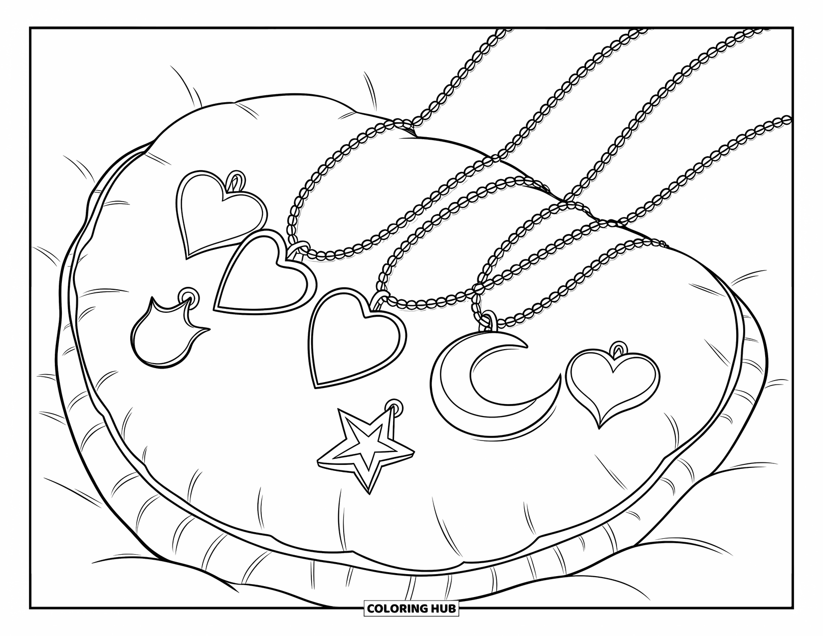 Letter N Coloring Page for Kids: Necklaces with cute charms rest on a cozy cushion