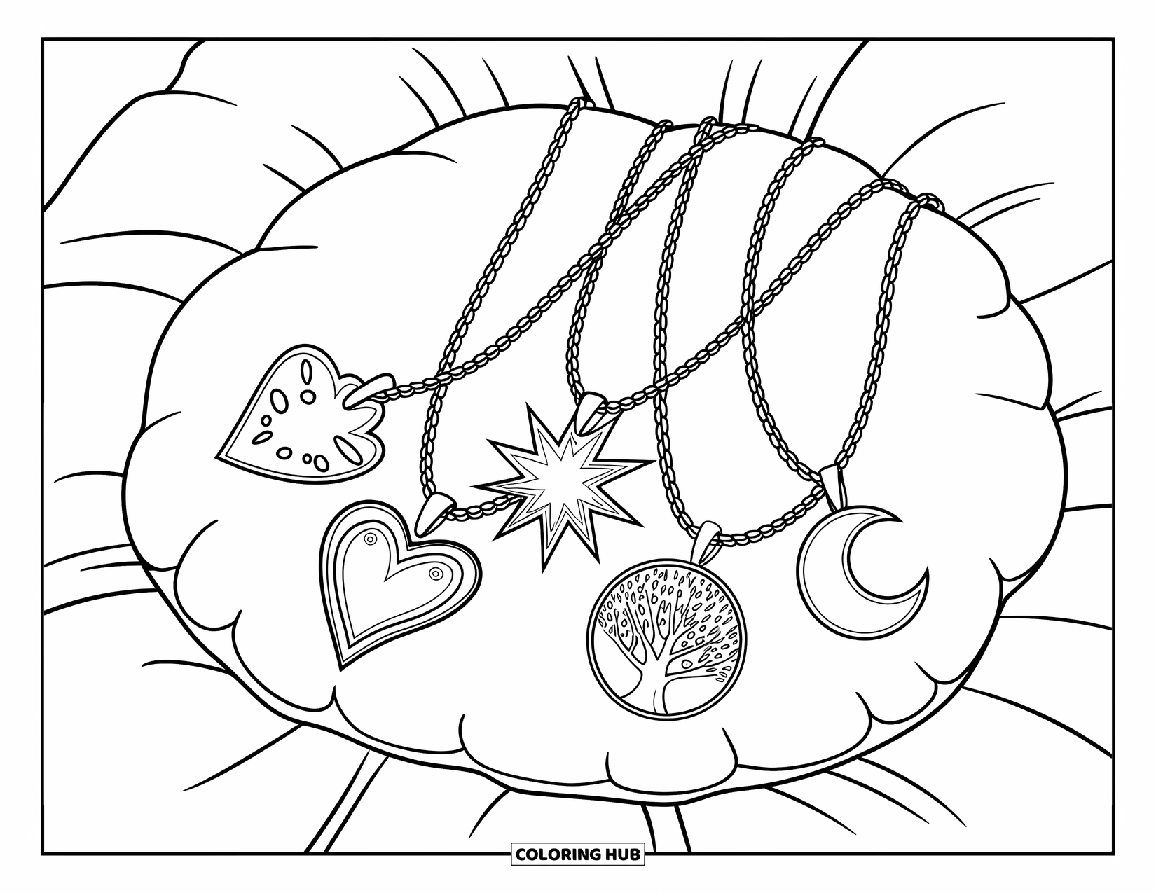 Letter N Coloring Page for Kids: Necklaces with fun-shaped charms are laid neatly on a comfy cushion