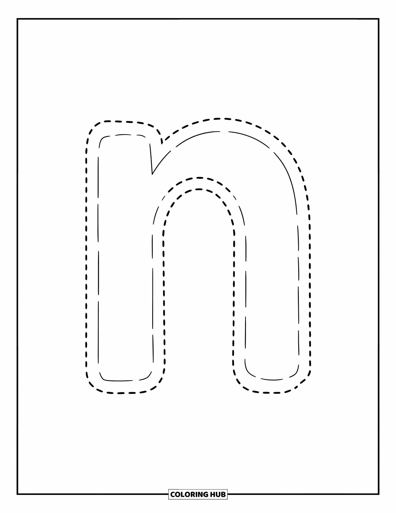 Letter N Coloring Page for Kids: The letter n in dotted lines is perfect for early writing