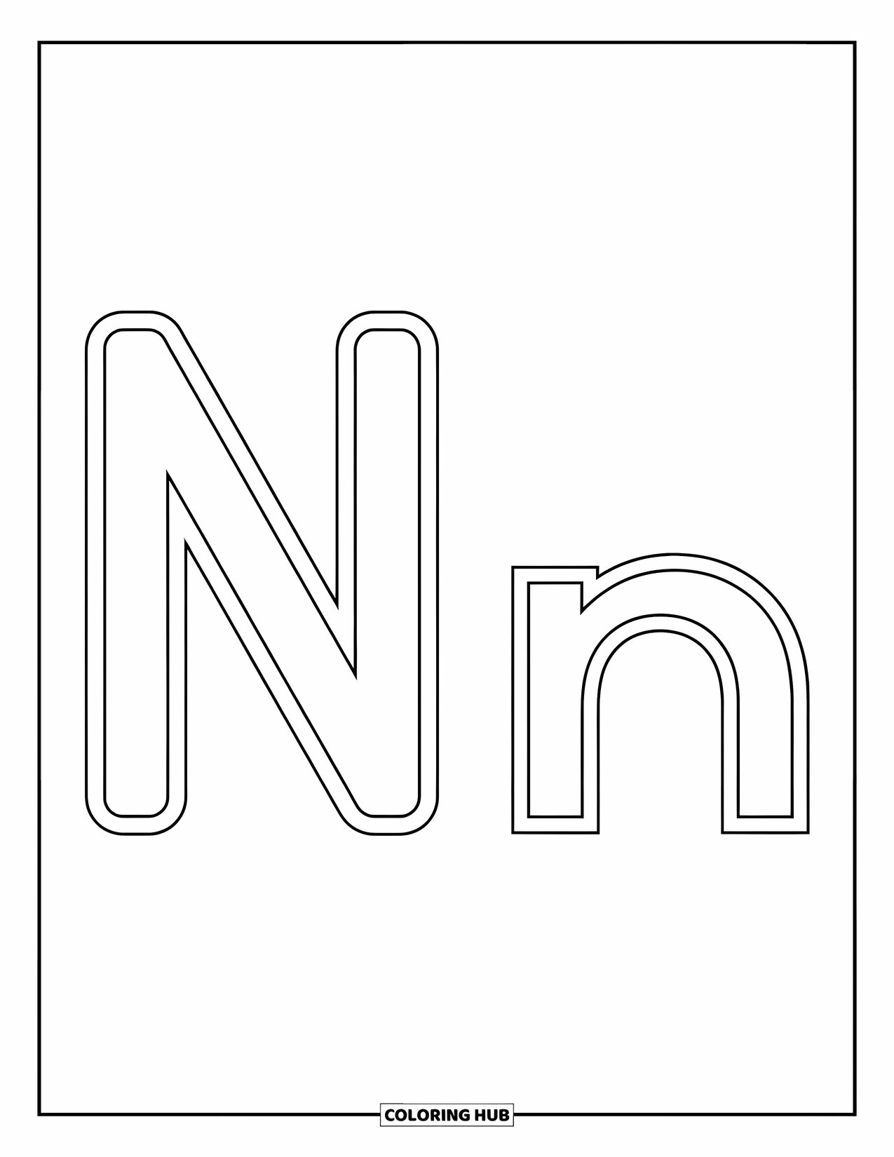 Letter N Coloring Page for Kids: Uppercase N and lowercase n stand together in cheerful, bold outlines