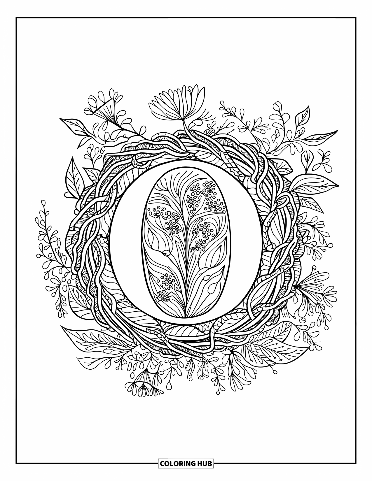 Letter O Coloring Page for Adults: Blooming vines and wildflowers encircle a bold central O