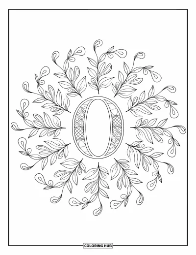 Coloriage de la lettre O pour adultes : O décoratif encadré par un motif radial de vignes d'olivier