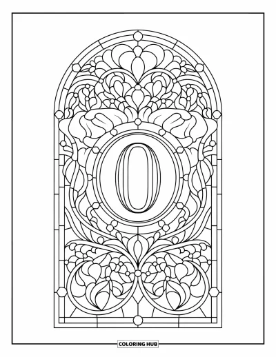 Coloriage de la lettre O pour adultes : Scène de vitrail floral avec un O au centre
