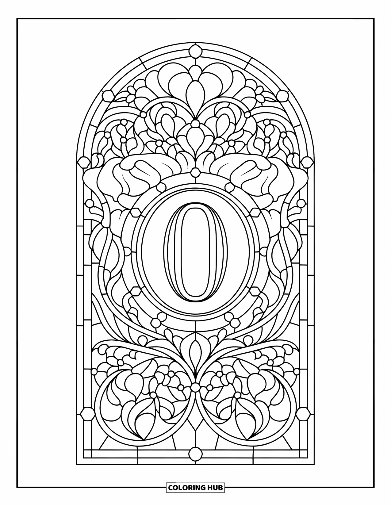 Letter O Coloring Page for Adults: Floral stained glass scene with O at the center