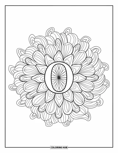 Coloriage de la lettre O pour adultes : Un mandala d'orchidées rayonne autour d'un O central