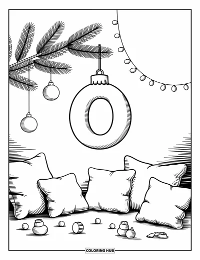 Coloriage de la lettre O pour adultes : O en guise de boule de Noël suspendue entourée de coussins et de guirlandes dans une pièce festive