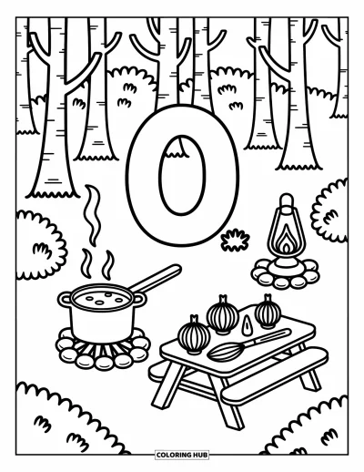 Coloriage de la lettre O pour adultes : O au centre d'une cuisine forestière avec une lampe vacillante, de la nourriture et un feu