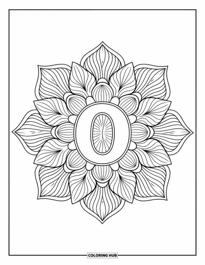 Coloriage de la lettre O pour adultes : O au centre d'un mandala d'orchidées parfaitement symétrique