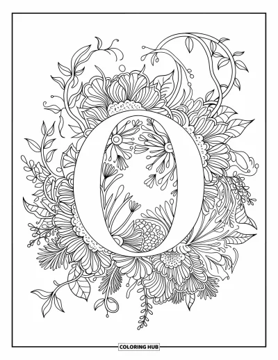 Coloriage de la lettre O pour adultes : O au cœur d'un mandala botanique avec des vignes et des fleurs