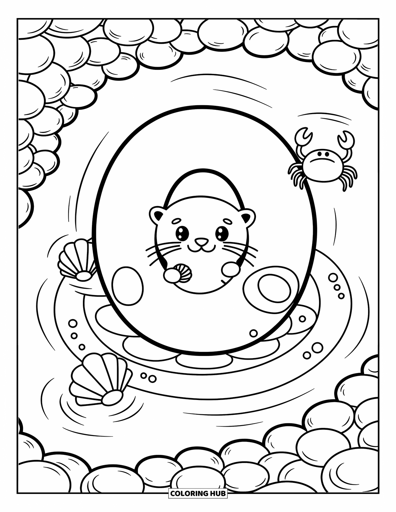 Letter O Coloring Page for Adults: O bobbing in the water near a smiling otter, waving crab, and cozy rocks