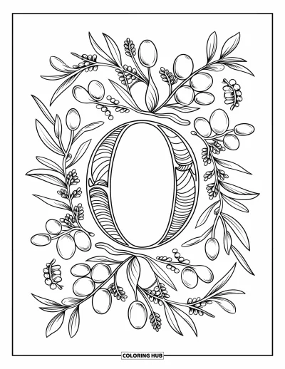 Coloriage de la lettre O pour adultes : O centré dans une dentelle botanique d'olives et d'herbes aromatiques