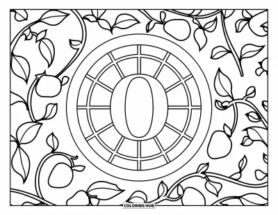 Coloriage de la lettre O pour adultes : O centré dans un motif de rosace avec des fruits de verger et des tiges enroulées