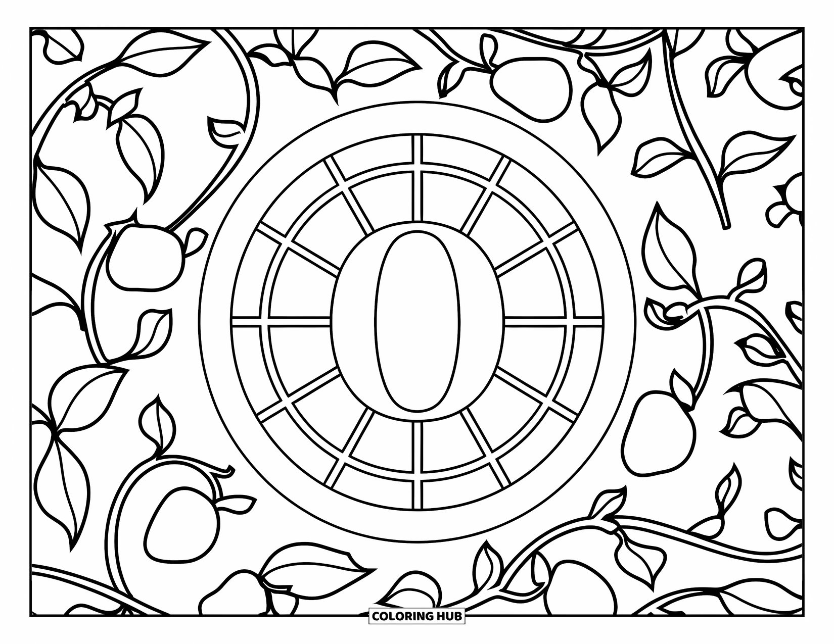 Letter O Coloring Page for Adults: O centered in a rose window pattern of orchard fruits and curling stems