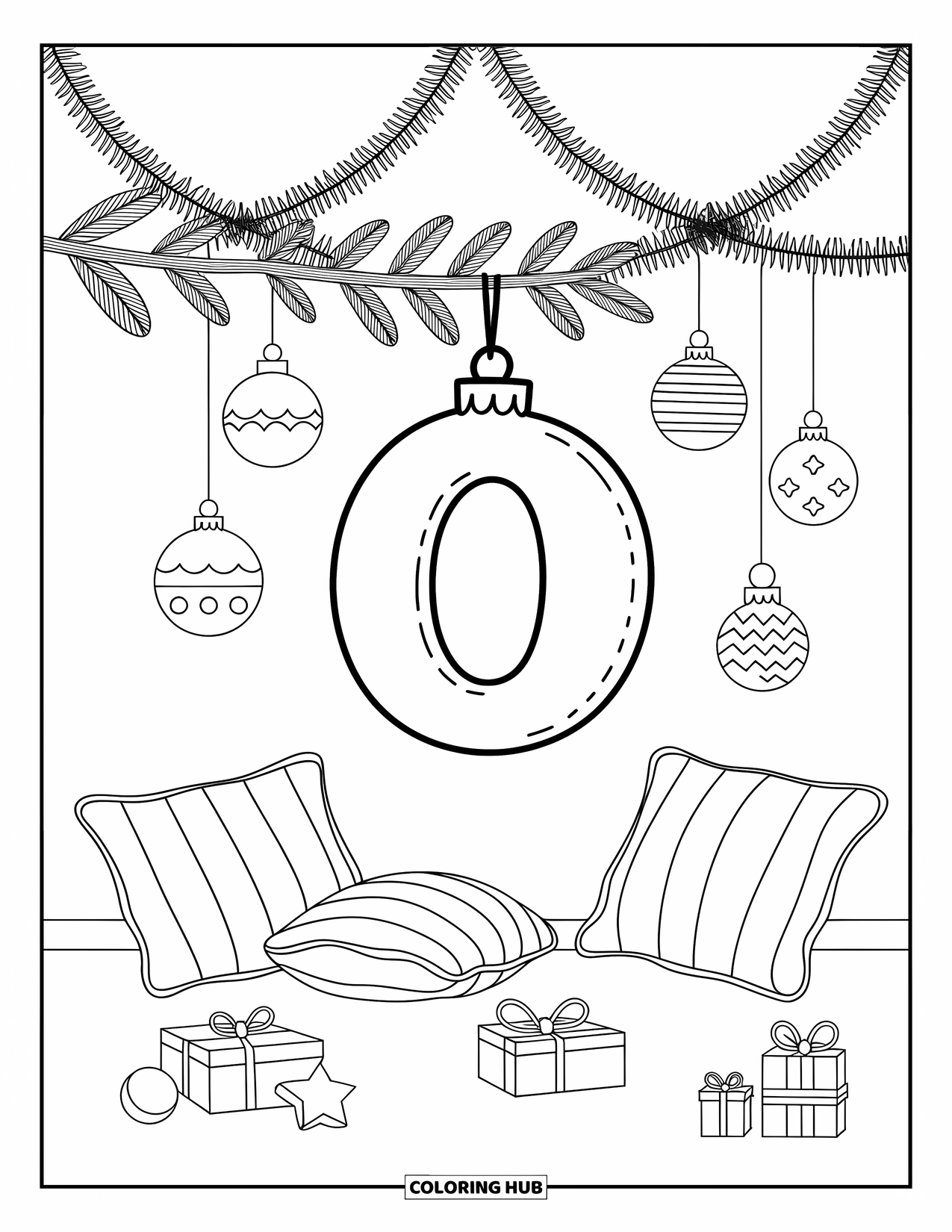Letter O Coloring Page for Adults: O dangles in a festive room filled with cozy cushions and cute little trinkets