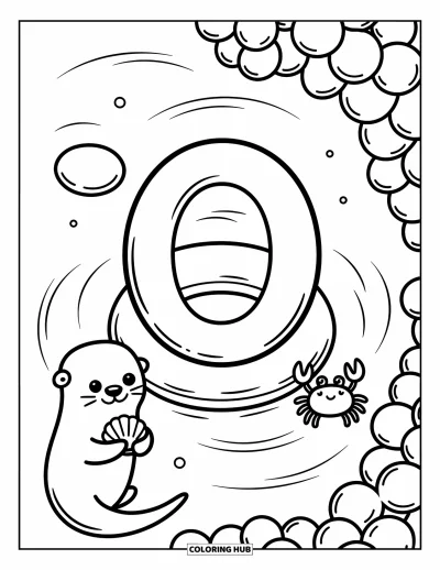 Coloriage de la lettre O pour adultes : O dérivant dans un bassin de marée avec une adorable loutre, un crabe et des pierres lisses