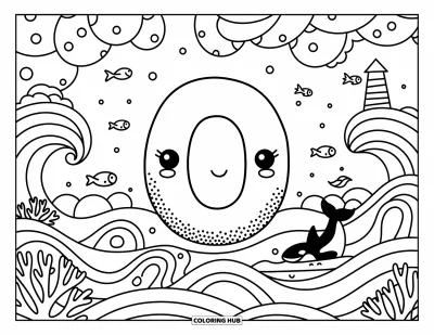 Coloriage de la lettre O pour adultes : O flottant dans un océan tranquille avec de jolies vagues, des poissons et un orque tout proche