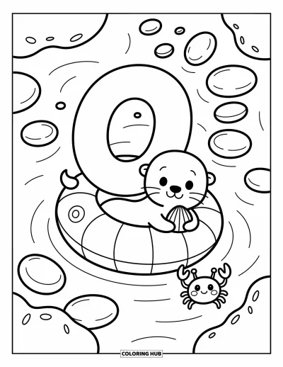 Coloriage de la lettre O pour adultes : O flotte sur un bouée gonflable dans un bassin de marée avec un crabe et une loutre à proximité