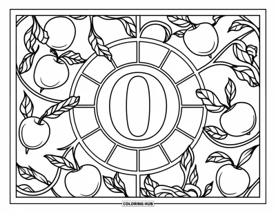 Coloriage de la lettre O pour adultes : O encadré par un motif de rosace inspiré des fruits du verger