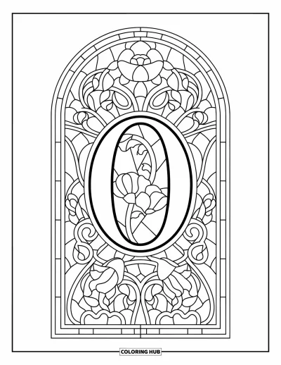Coloriage de la lettre O pour adultes : O encadré de fleurs et de vignes dans un élégant motif de vitrail