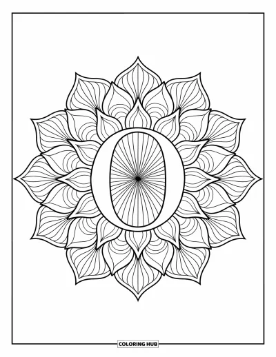 Coloriage de la lettre O pour adultes : O encadré de pétales d'orchidées dans un motif mandala détaillé
