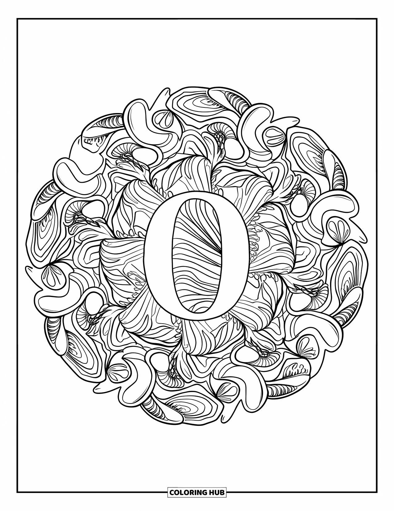 Letter O Coloring Page for Adults: O framed by sea-themed mandala of waves and oysters