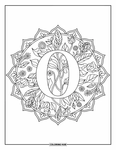 Coloriage de la lettre O pour adultes : O dans un mandala floral bordé de vignes et de fleurs sauvages
