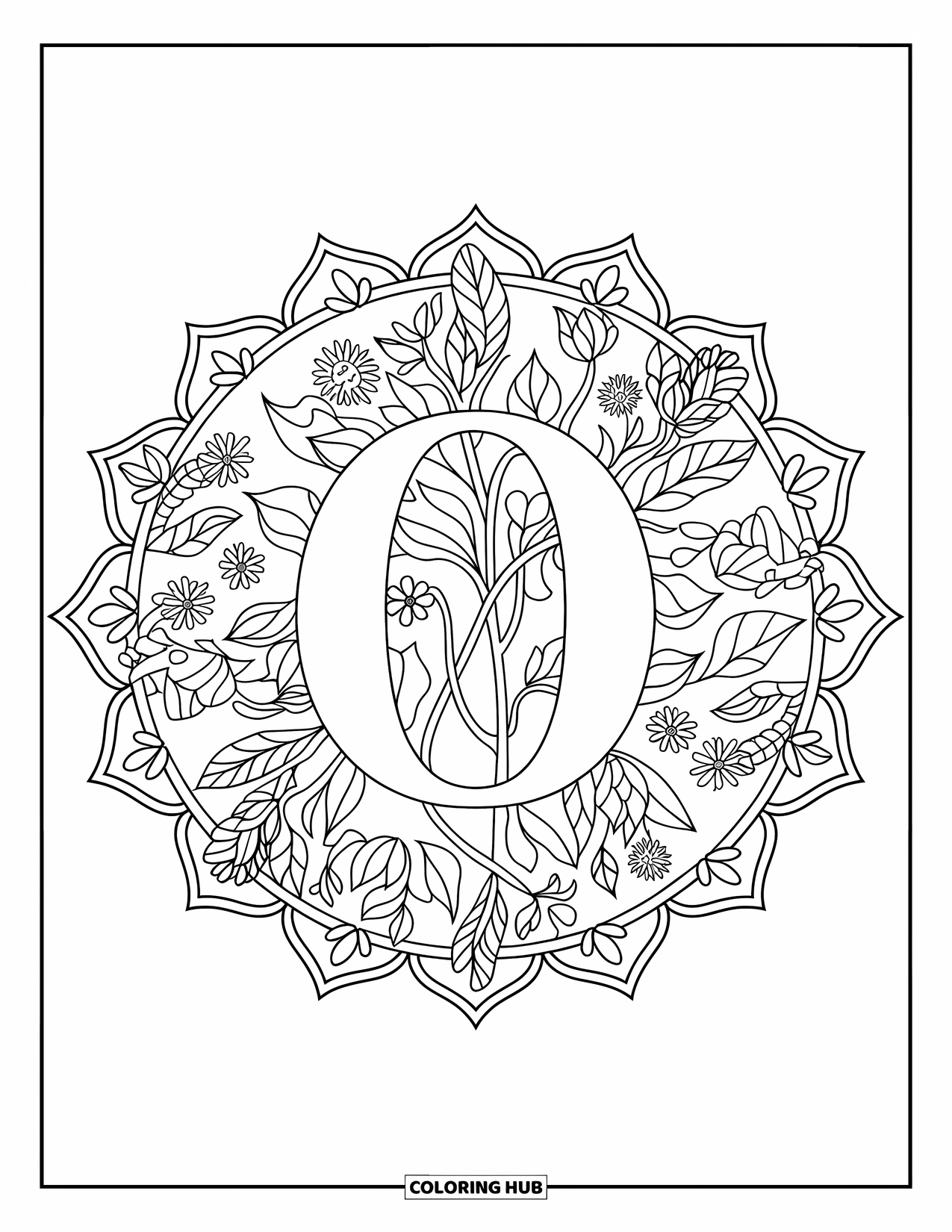 Letter O Coloring Page for Adults: O in a floral mandala bordered with vines and wildflowers