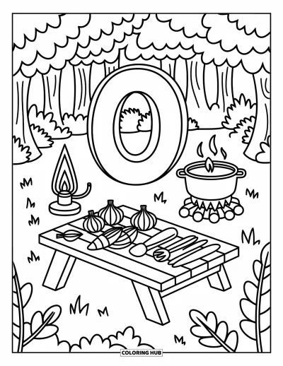 Coloriage de la lettre O pour adultes : O dans une cuisine forestière avec une lampe, un chaudron sur feu de camp et des oignons et des gombos tranchés