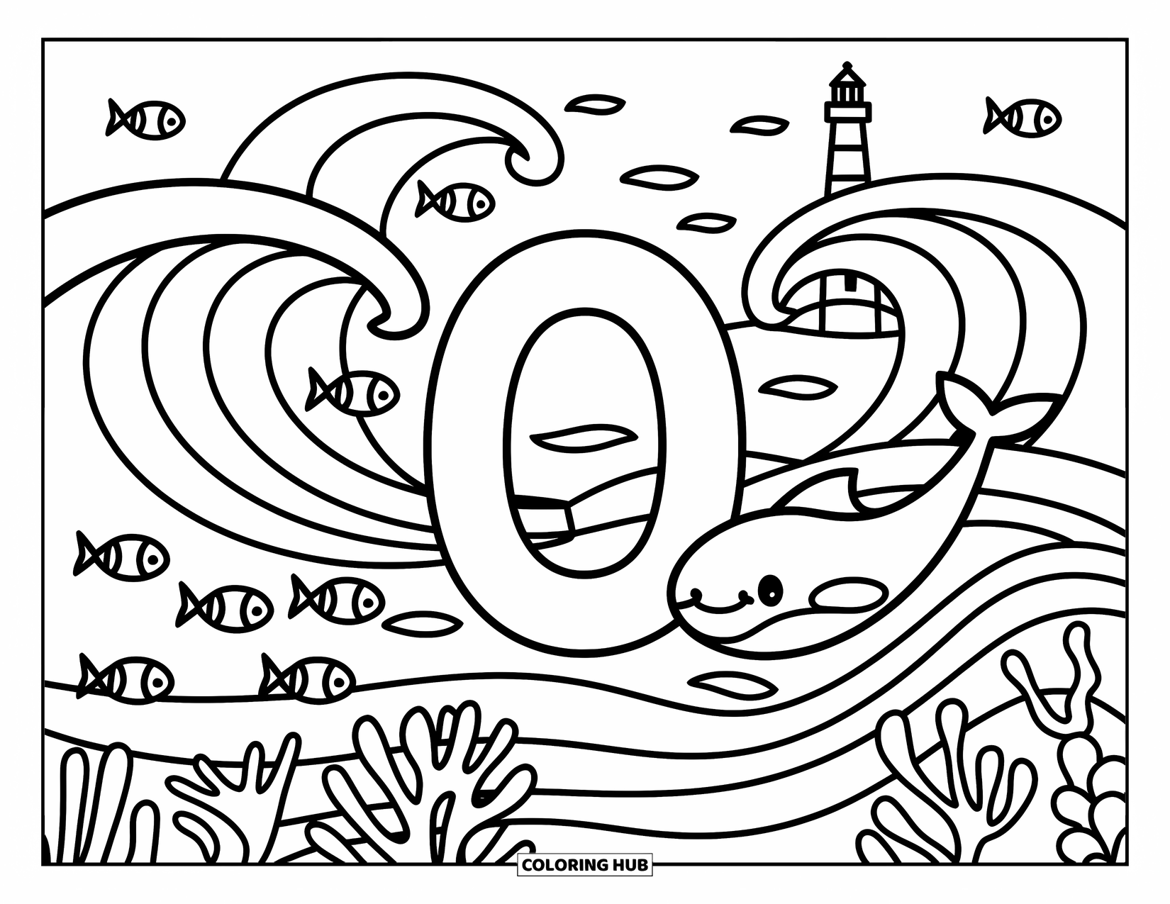 Letter O Coloring Page for Adults: O in a peaceful sea with playful waves, tiny fish, and a distant lighthouse