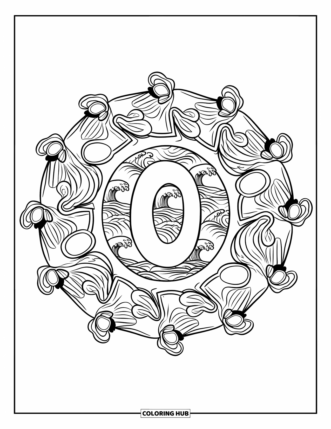 Letter O Coloring Page for Adults: O in a sea-themed mandala with waves, seaweed, and oysters