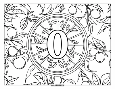 Coloriage de la lettre O pour adultes : O dans une fenêtre de style vitrail avec des feuilles, des fruits et des branches