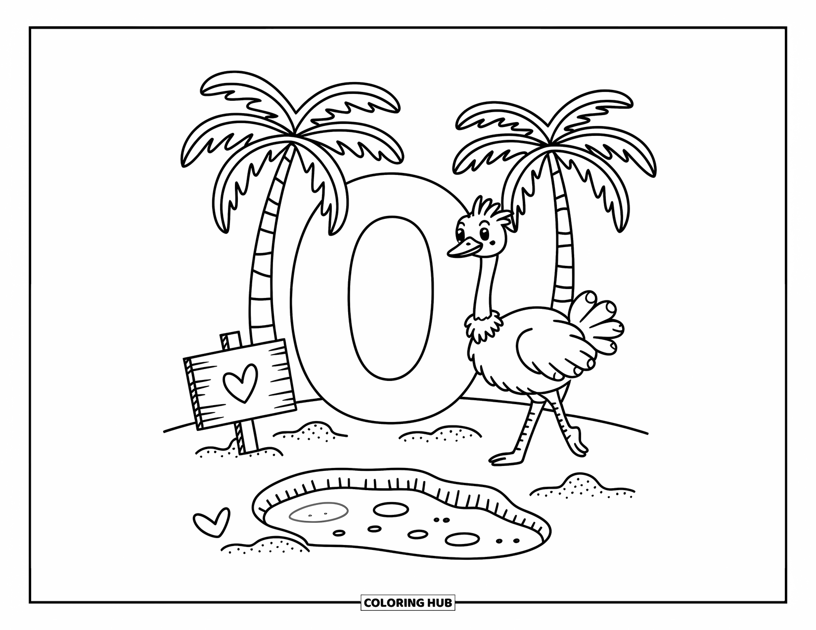 Letter O Coloring Page for Adults: O in a sunny oasis with a curious ostrich and a heart-decorated sign