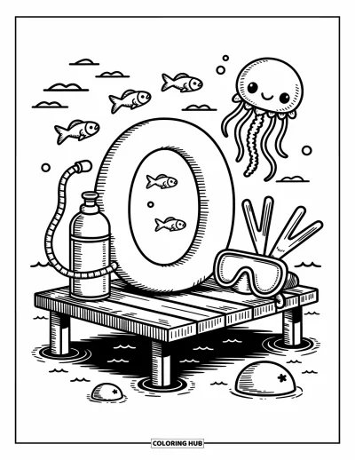 Coloriage de la lettre O pour adultes : O près d'une jetée océanique avec des poissons espiègles, des méduses et un masque de plongée