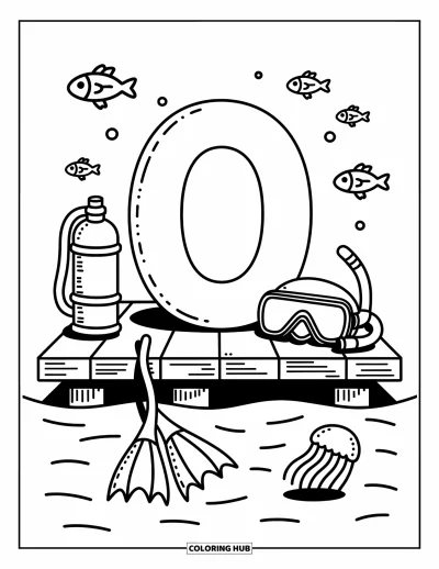 Coloriage de la lettre O pour adultes : O sur une jetée en bois avec des poissons qui sautent, des nageoires et un masque de plongée à proximité