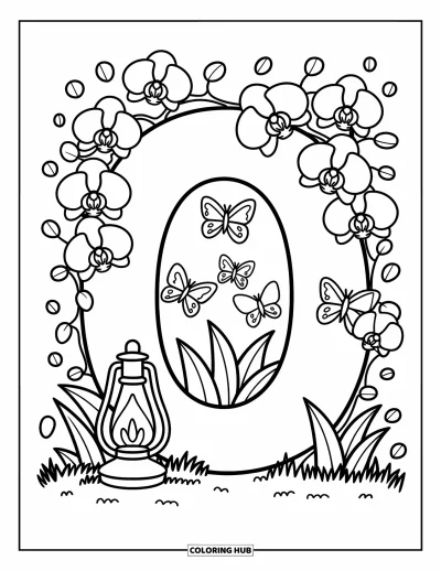 Coloriage de la lettre O pour adultes : O posé dans un jardin fleuri avec des orchidées, des papillons et une lampe à huile