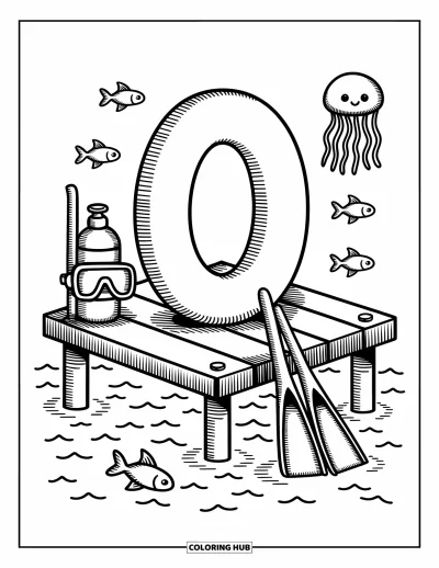 Coloriage de la lettre O pour adultes : O posé au bord de la mer avec une méduse, une bouteille d'oxygène et des poissons bondissants