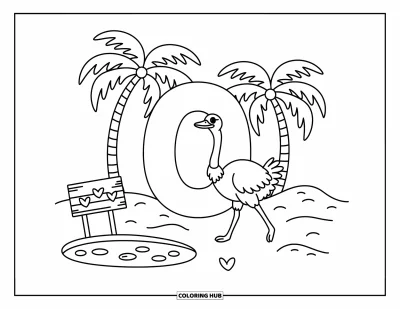 Coloriage de la lettre O pour adultes : O entouré de palmiers, d'un petit bassin et d'une autruche curieuse dans une oasis