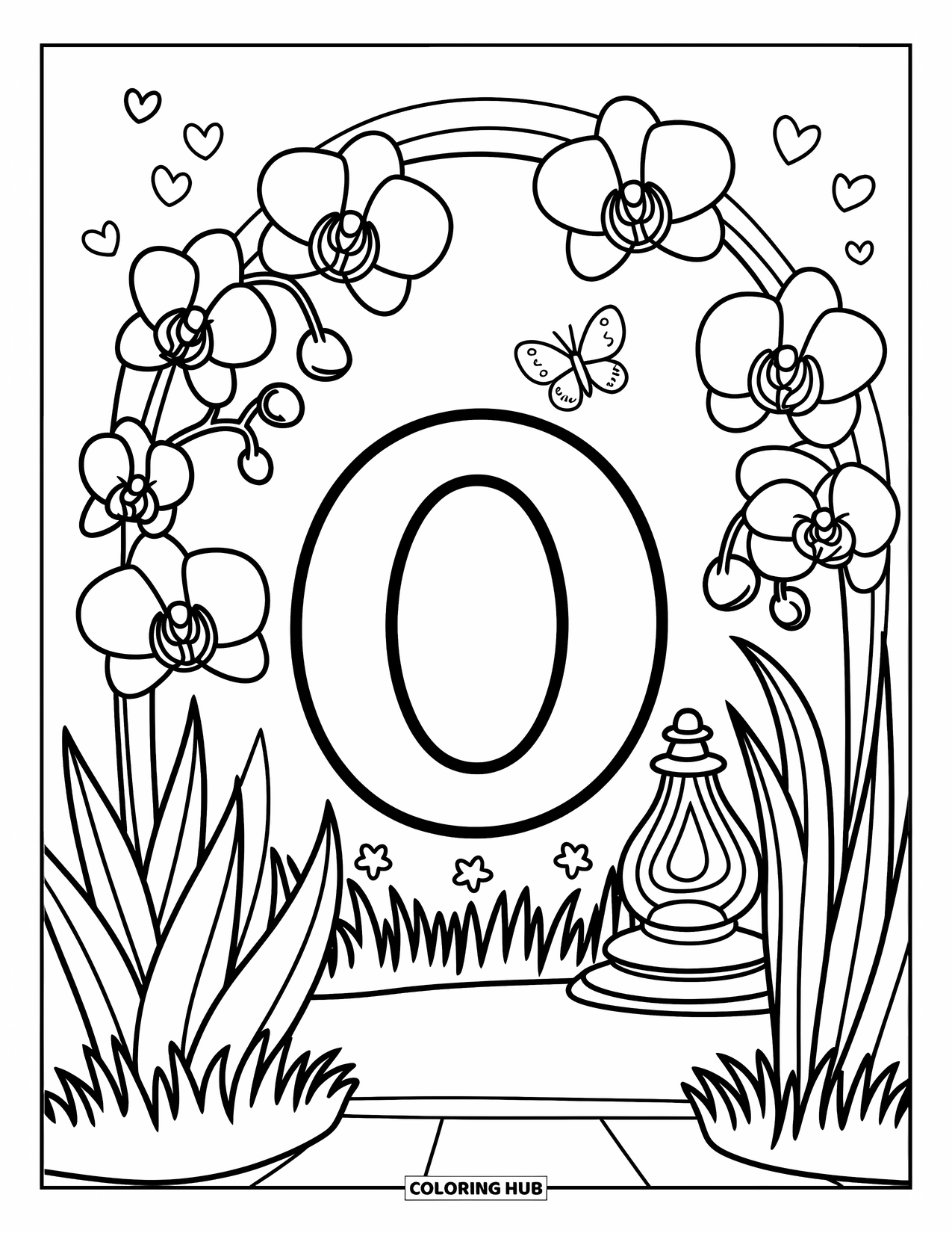 Letter O Coloring Page for Adults: O surrounded by blooming orchids, fluttering butterflies, and a small oil lamp