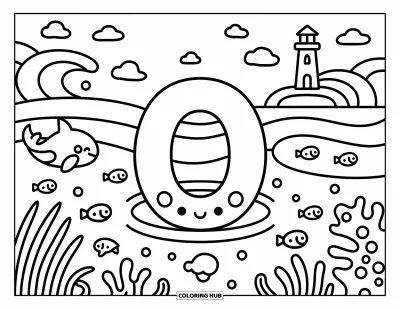 Coloriage de la lettre O pour adultes : O entouré de poissons, de vagues, de coraux et d'un orque bondissant dans une mer animée