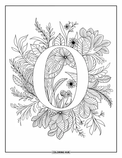 Coloriage de la lettre O pour adultes : O entouré de feuilles et de fleurs sauvages dans un mandala en pleine floraison