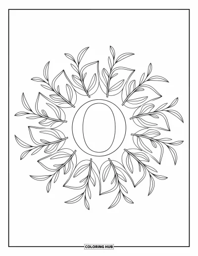 Coloriage de la lettre O pour adultes : O entouré de branches d'olivier et de tiges enroulées dans une composition radiale