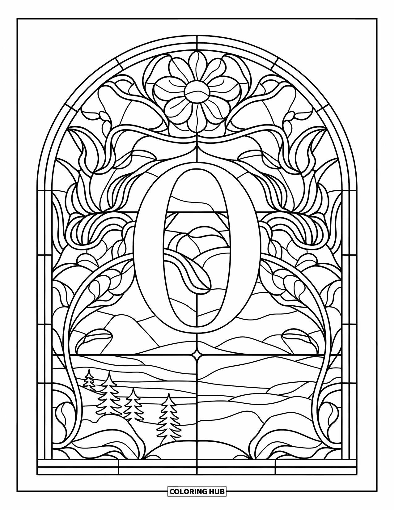 Letter O Coloring Page for Adults: O surrounded by stained glass floral designs and elegant vines