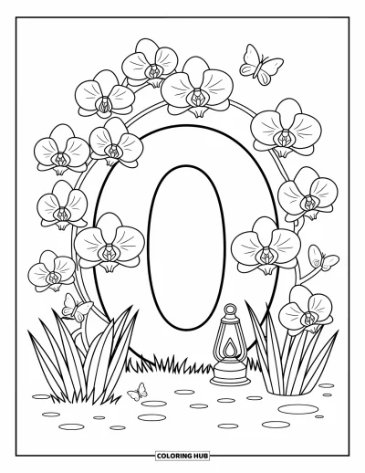 Coloriage de la lettre O pour adultes : O niché parmi des orchidées avec des papillons et une lampe fantaisiste dans un jardin douillet