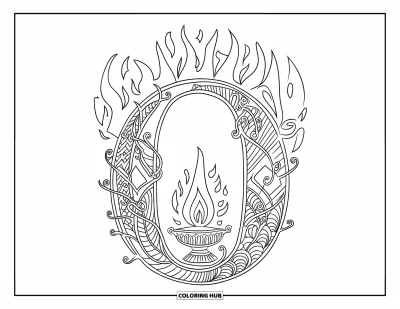 Coloriage de la lettre O pour adultes : O avec des flammes et des vignes dans un motif pleine page très détaillé