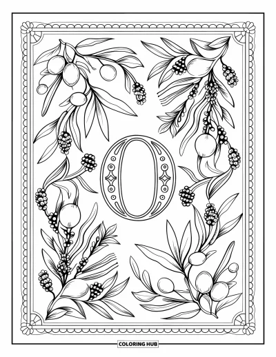 Coloriage de la lettre O pour adultes : O ornemental dans un motif en dentelle avec des olives et des herbes sauvages