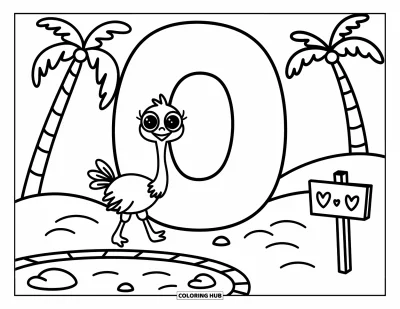 Coloriage de la lettre O pour adultes : Une autruche se promène à côté du O dans une oasis avec des palmiers, des galets et un panneau en bois