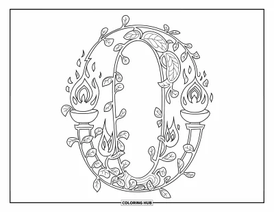 Coloriage de la lettre O pour adultes : O stylisé encadré par des flammes de lampe à huile et des vignes entrelacées