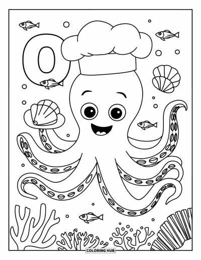Coloriage de la lettre O pour enfants : Une pieuvre coiffée d'une toque de chef jongle avec des coquillages à côté du O dans l'océan